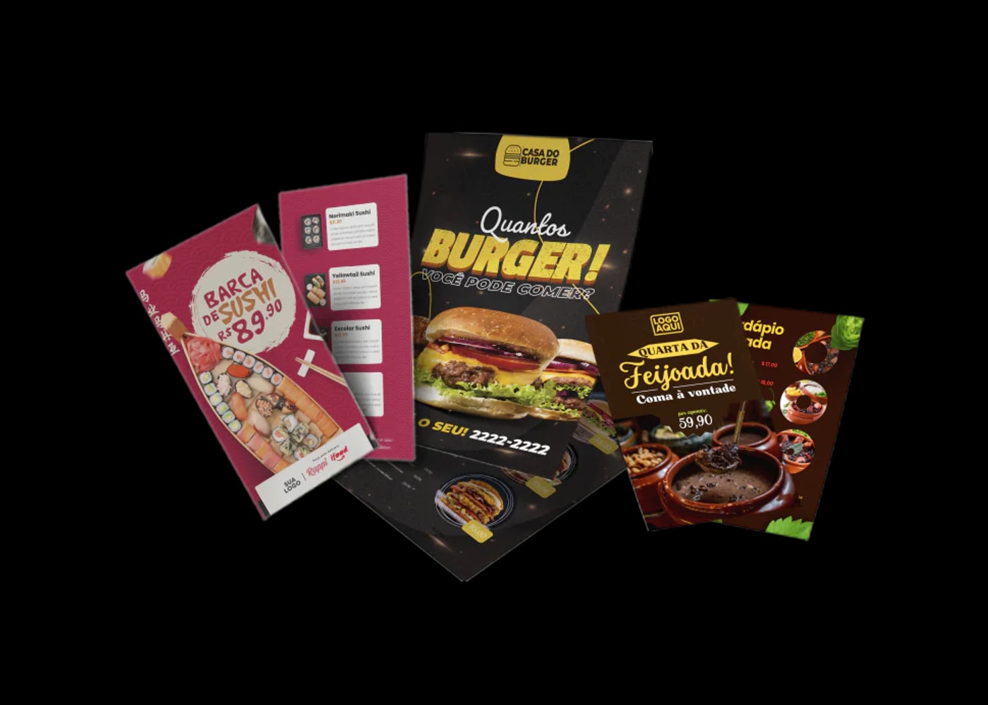 Composicao de panfletos promocionais em destaque sobre fundo preto.
