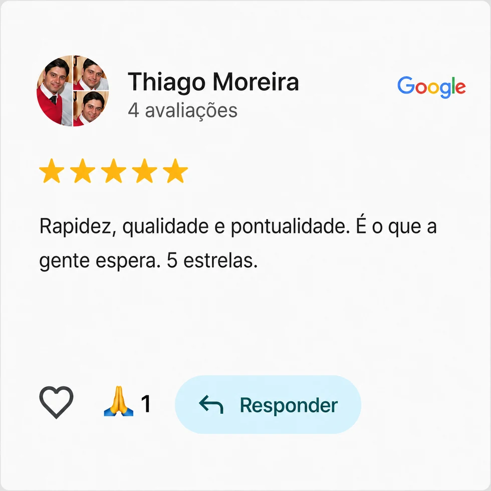 Avaliação no Google de Thiago Moreira destacando rapidez, qualidade e pontualidade.
